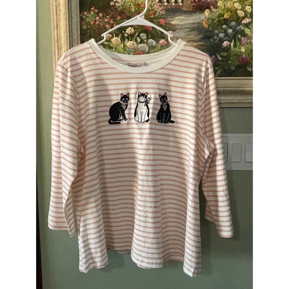 Carolyn Taylor White Peach Striped Cat Embroidered 3/4 Sleeve Top Women 2X  New